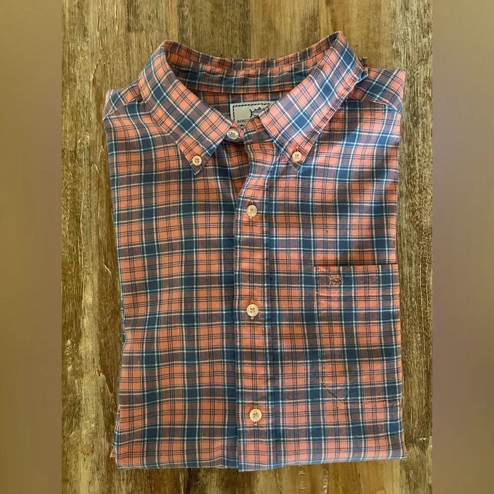 Southern Tide Linen Blend Trim Fit Plaid Button Down Shirt Pink & Blue, Large